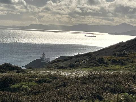 a lighthouse on a rocky coastline with a ship in the distance