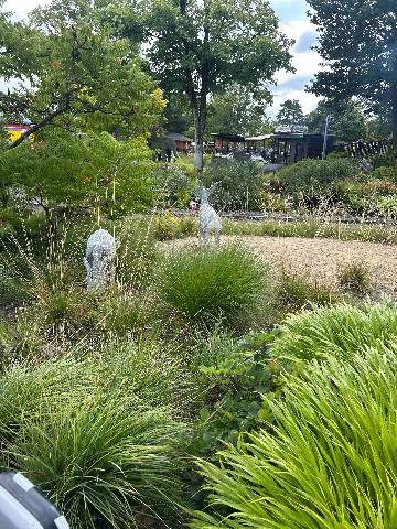a landscaped garden with wire animal sculptures and lush foliage