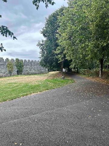 a paved path near a stone wall and park trees