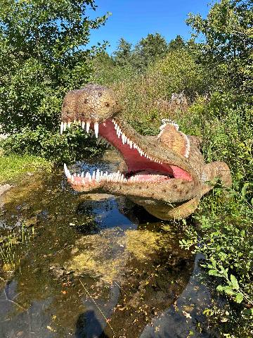 a dinosaur model in a park pond