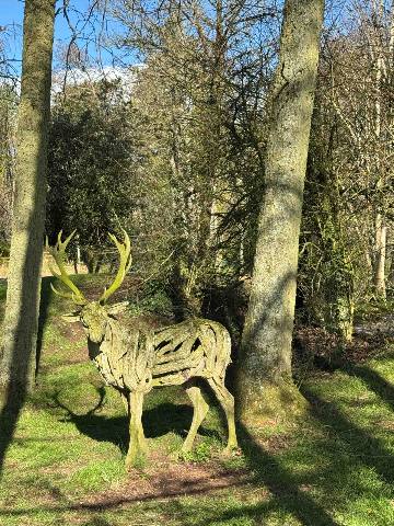 a deer sculpture made of wood in a forest setting